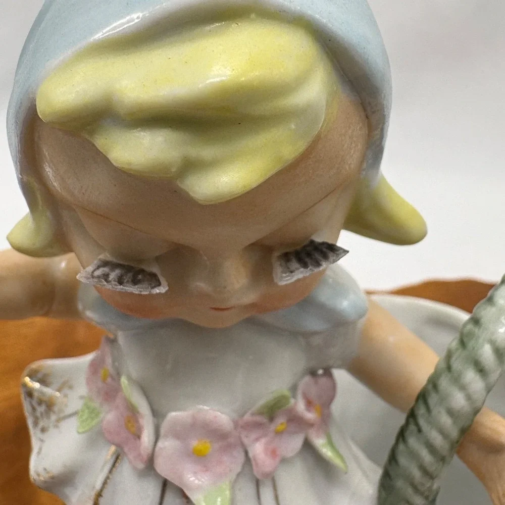 Vintage Vase Porcelain Girl With Basket Planter Long Lashes With Flowers
